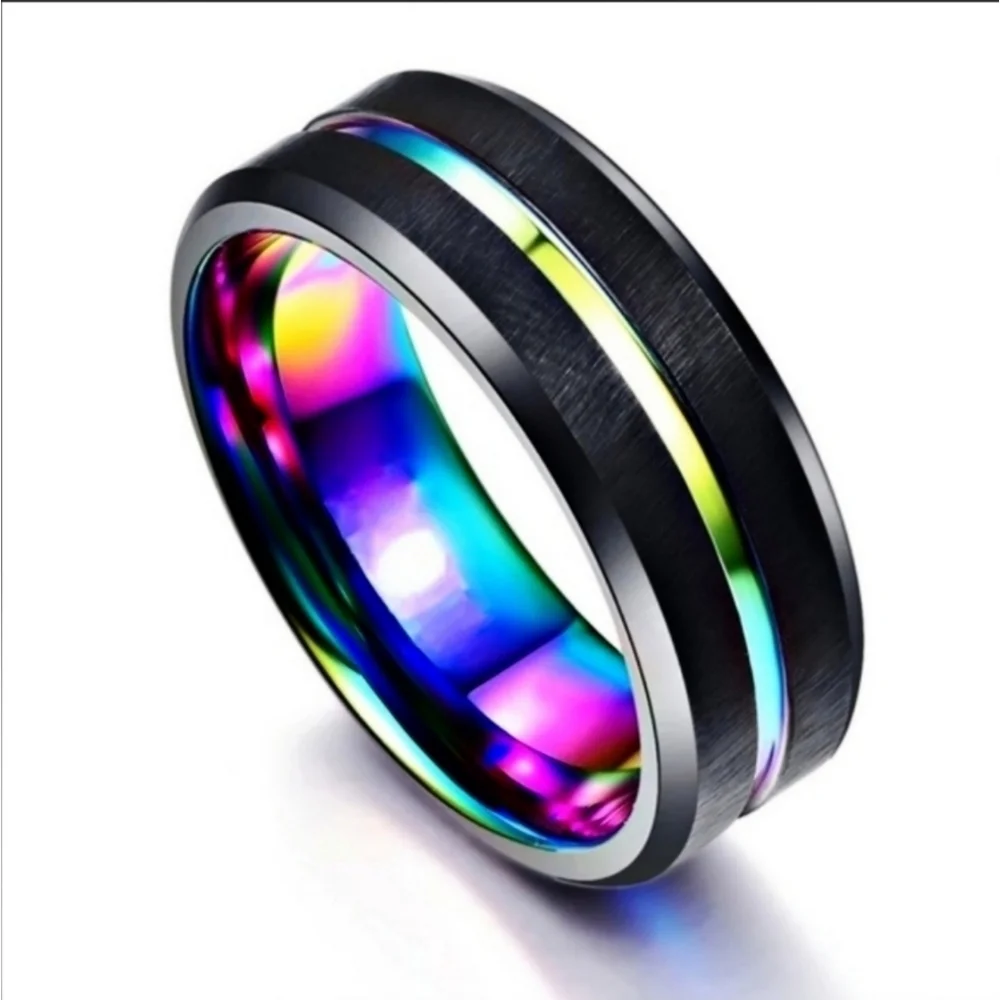 Unisex Ring ✦ Stainless Steel Rainbow Rhodium Channel ✦ Black Brushed 8mm NWT